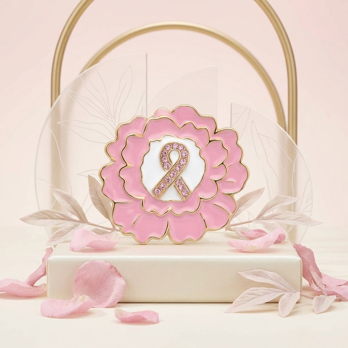 Pink Breast Cancer Awareness Gold Flower Brooch