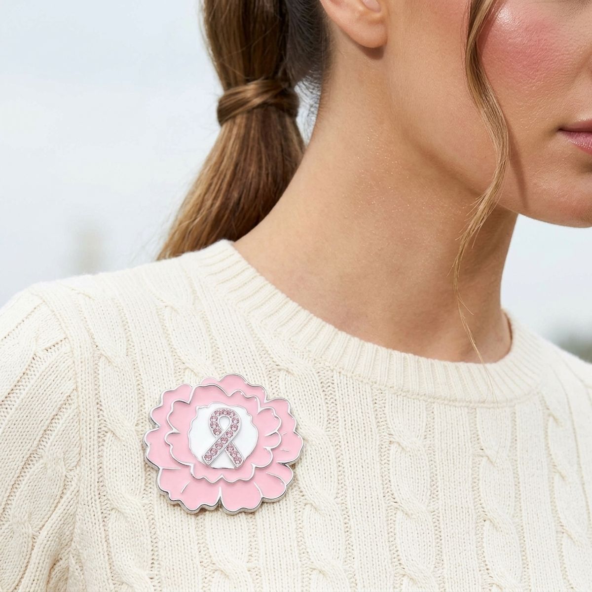 Pink Breast Cancer Awareness Silver Flower Brooch