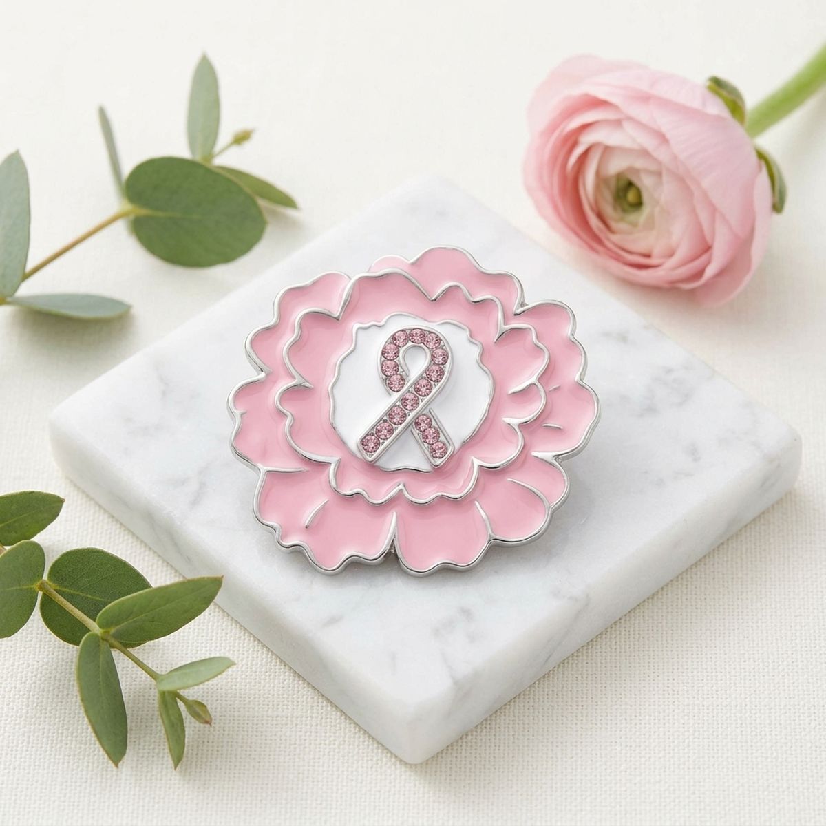 Pink Breast Cancer Awareness Silver Flower Brooch