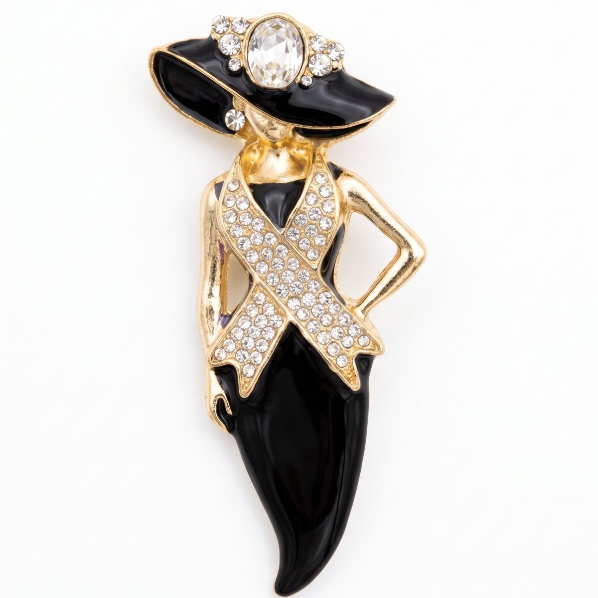 Black Breast Cancer Pink Ribbon Lady Gold Brooch