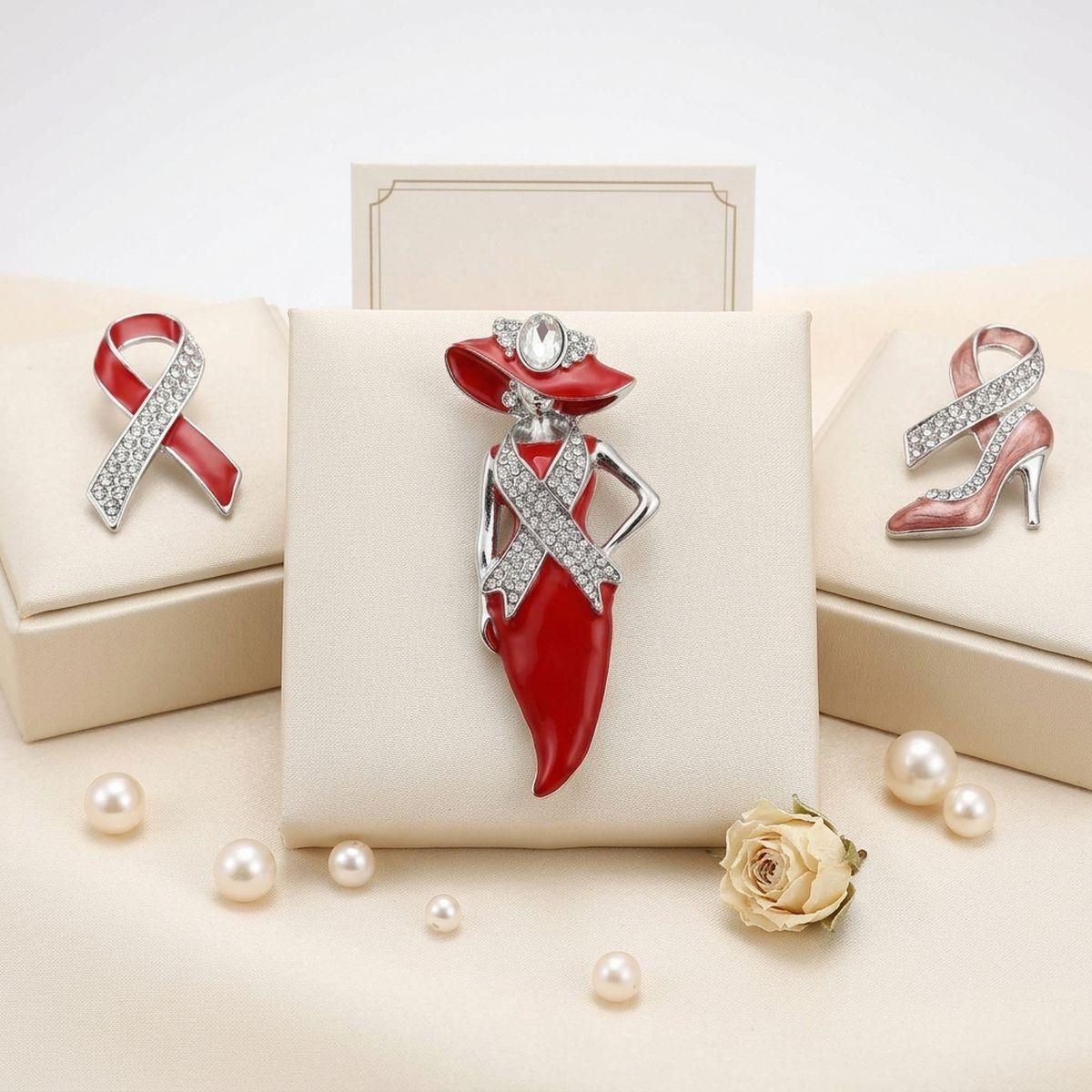 DST Red Lady Breast Cancer Ribbon Brooch Pin