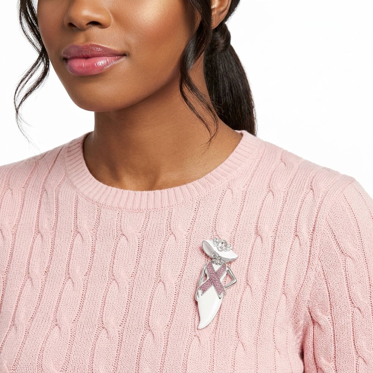 White Breast Cancer Pink Ribbon Lady Silver Brooch