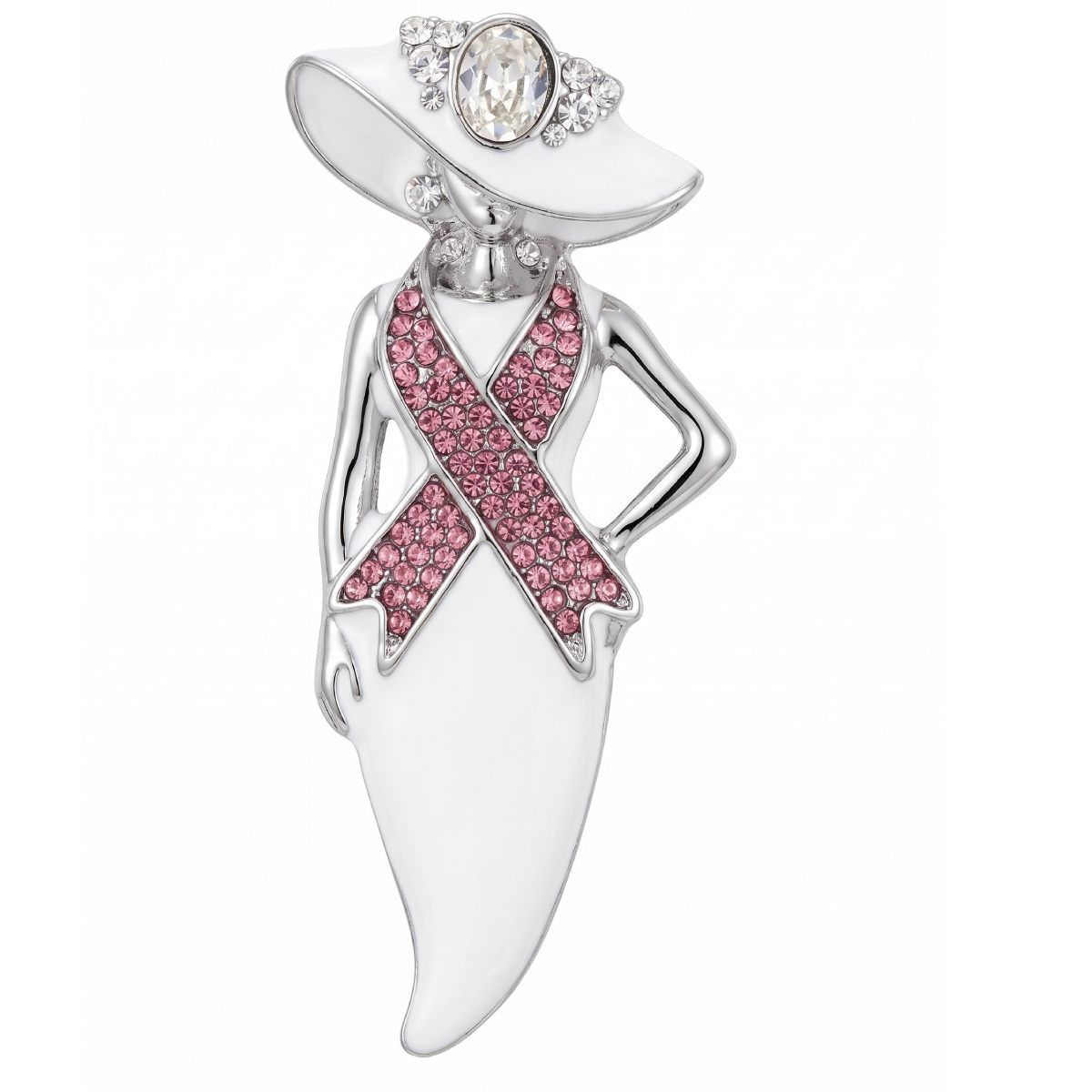 White Breast Cancer Pink Ribbon Lady Silver Brooch