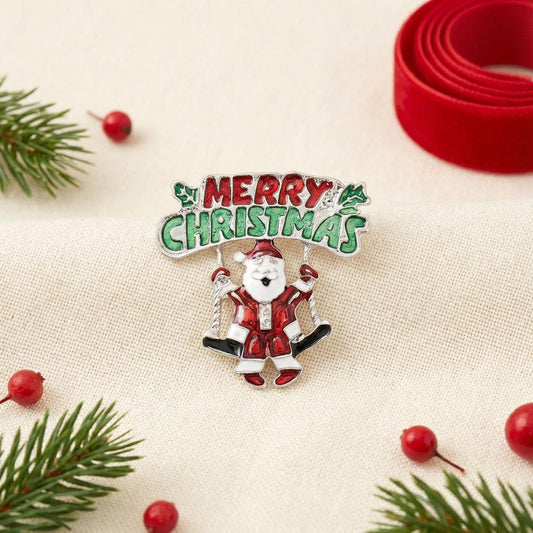 Brooch Merry Christmas Santa Swing Silver Pin