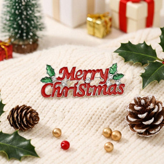 Brooch Red Merry Christmas Holly Silver Pin