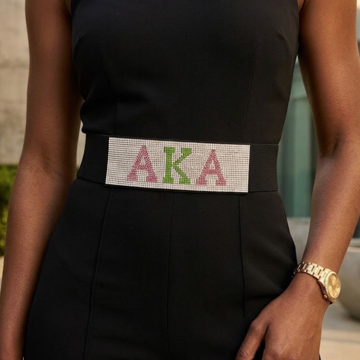 AKA Rhinestone Wide Black Stretch Canvas Belt