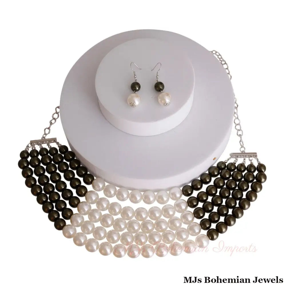Olive and Cream Pearl 5 Row Necklace