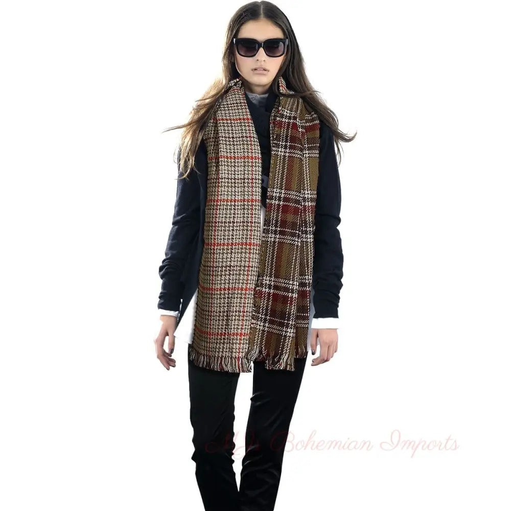 Olive Plaid Houndstooth Reversible Scarf