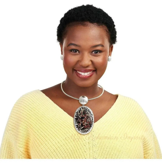 Oval Black Confetti Silver Collar Necklace