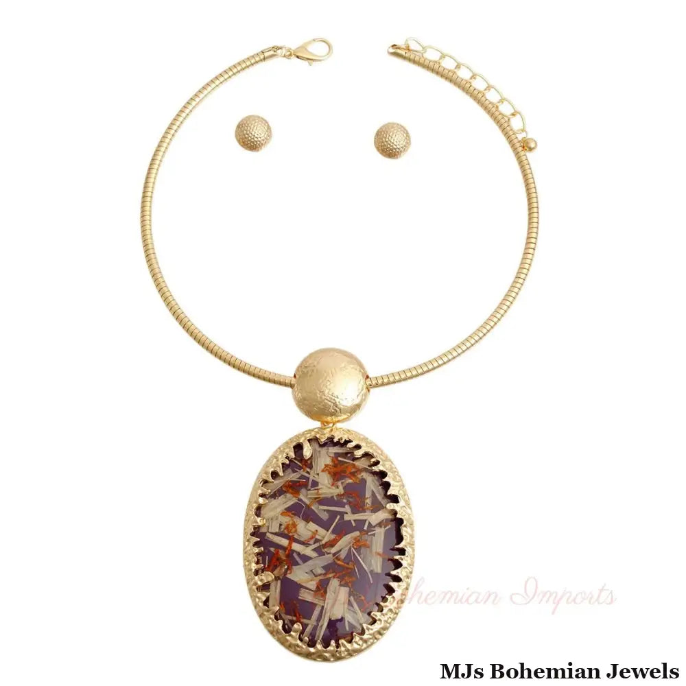 Oval Purple Confetti Gold Collar Necklace