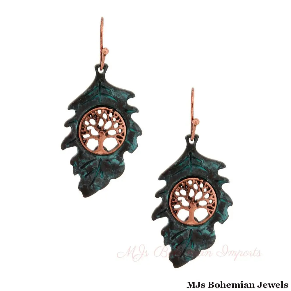 Patina Leaf Tree of Life Earrings