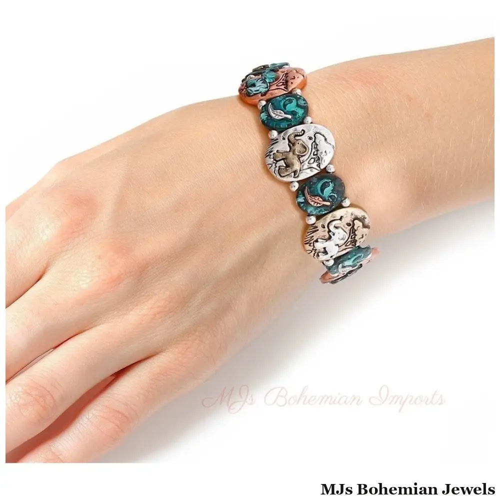 Patina Metal Elephant Engraved Bracelet