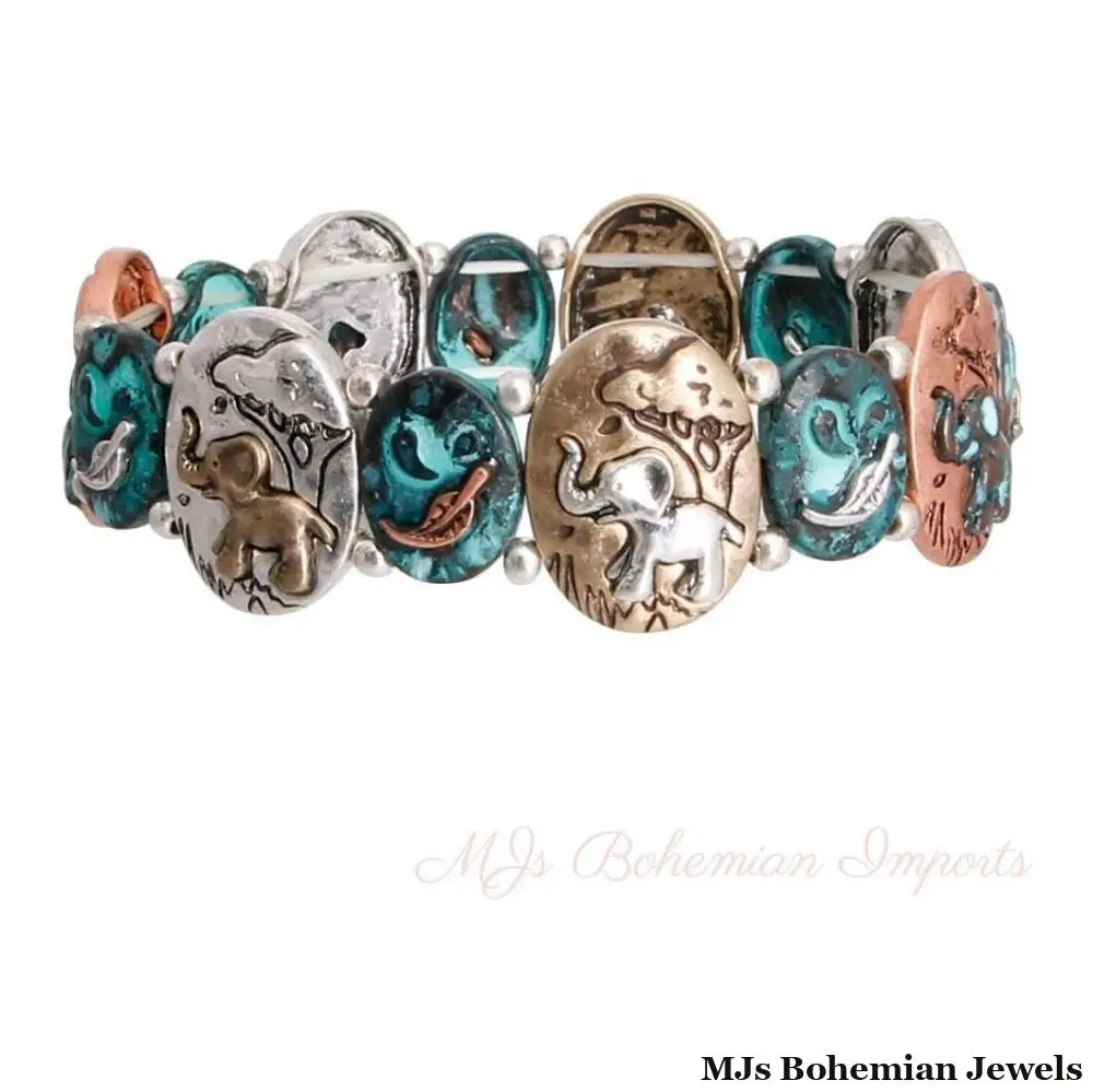 Patina Metal Elephant Engraved Bracelet