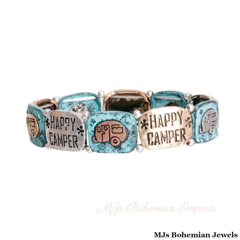 Patina Metal Happy Camper Engraved Bracelet