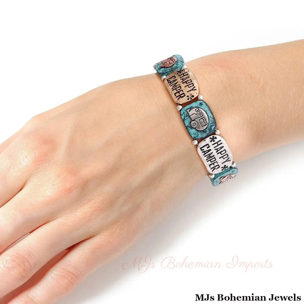 Patina Metal Happy Camper Engraved Bracelet