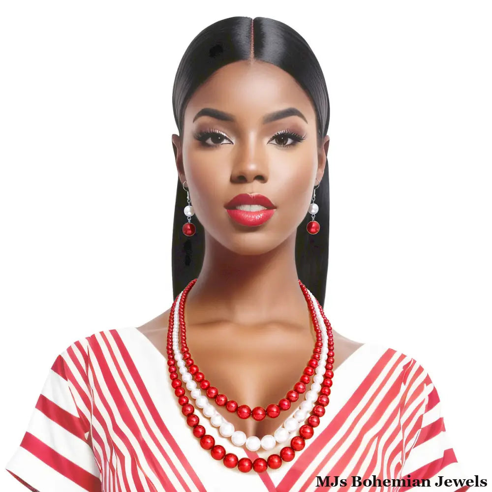 Pearl Necklace Red White 3 Strand for Women