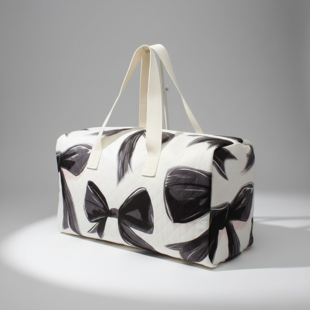 Travel Bag Cream Quilted Pretty Black Bow Duffel