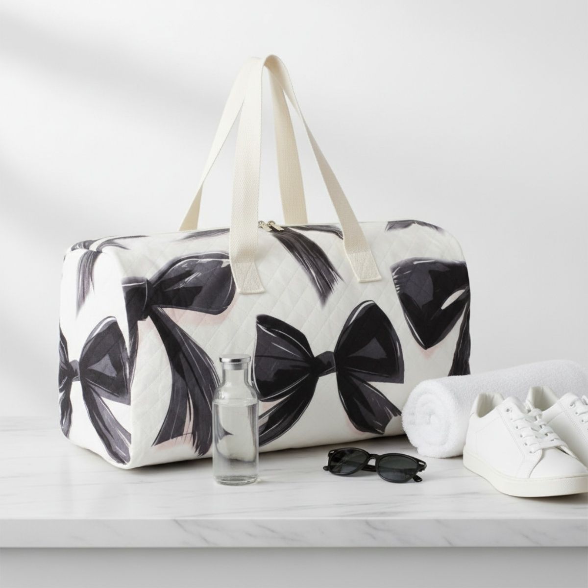 Travel Bag Cream Quilted Pretty Black Bow Duffel