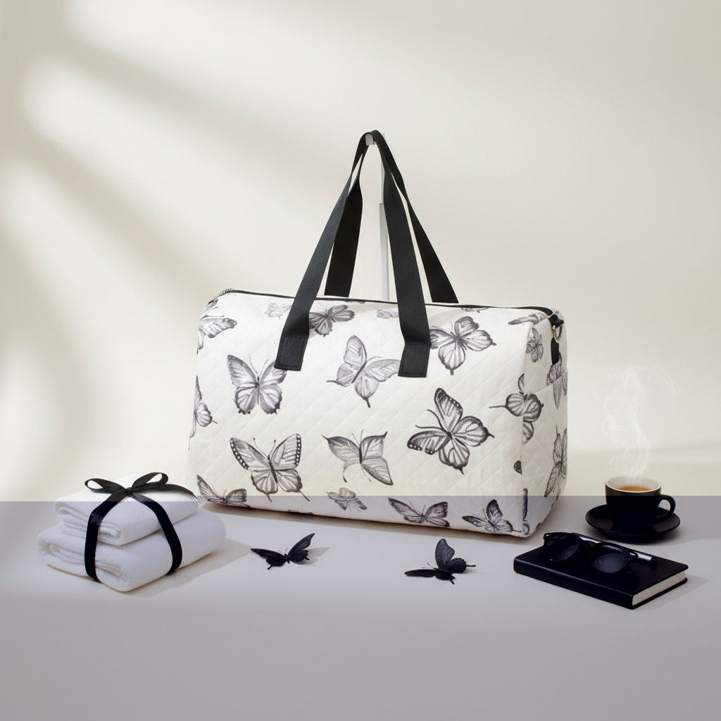 Travel Bag Cream Quilted Black Butterfly Duffel