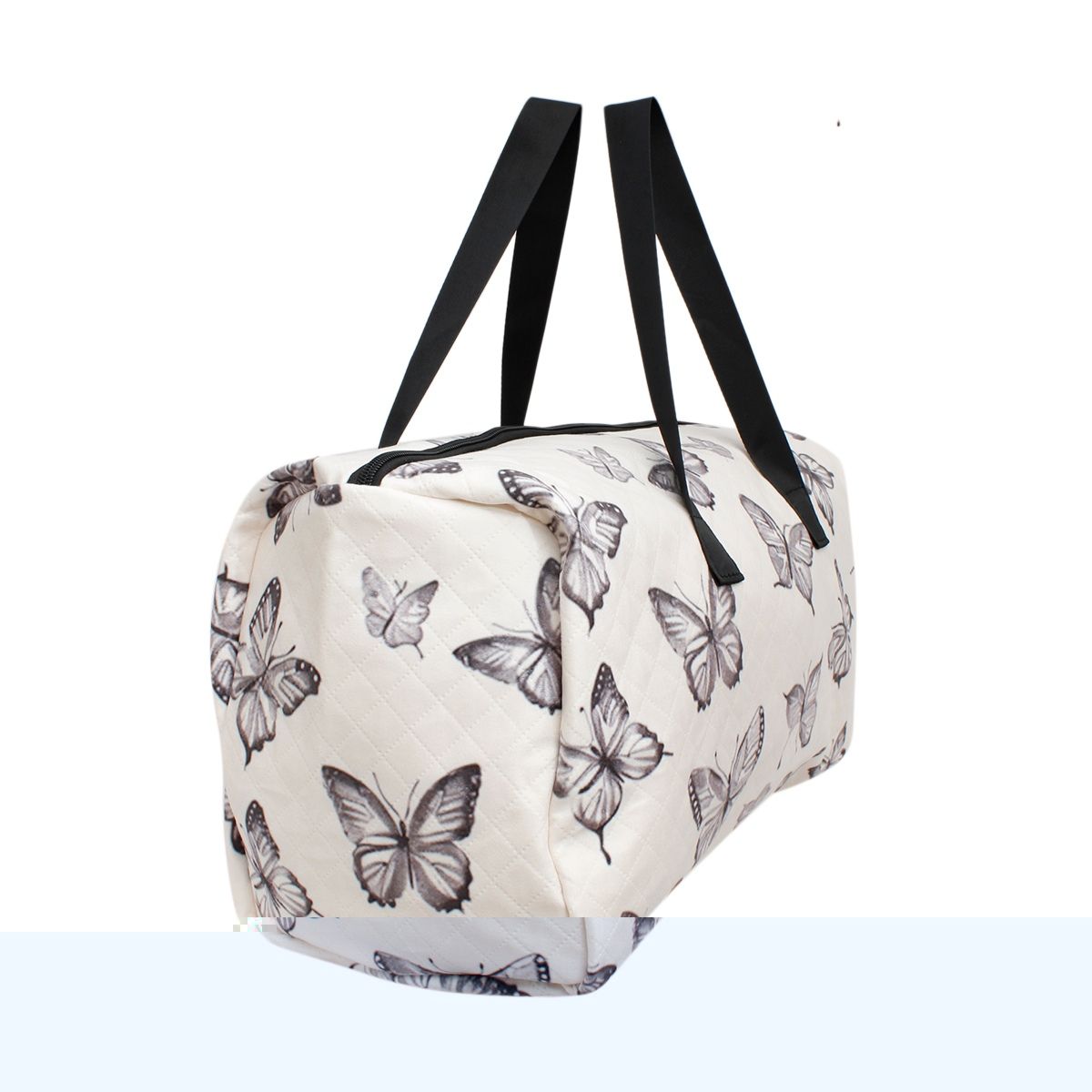 Travel Bag Cream Quilted Black Butterfly Duffel