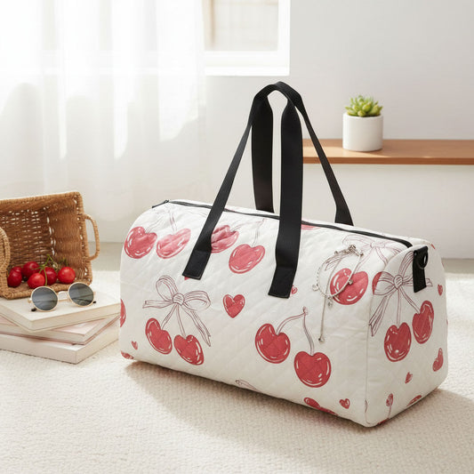 Travel Bag Cream Quilted Red Cherry Duffel
