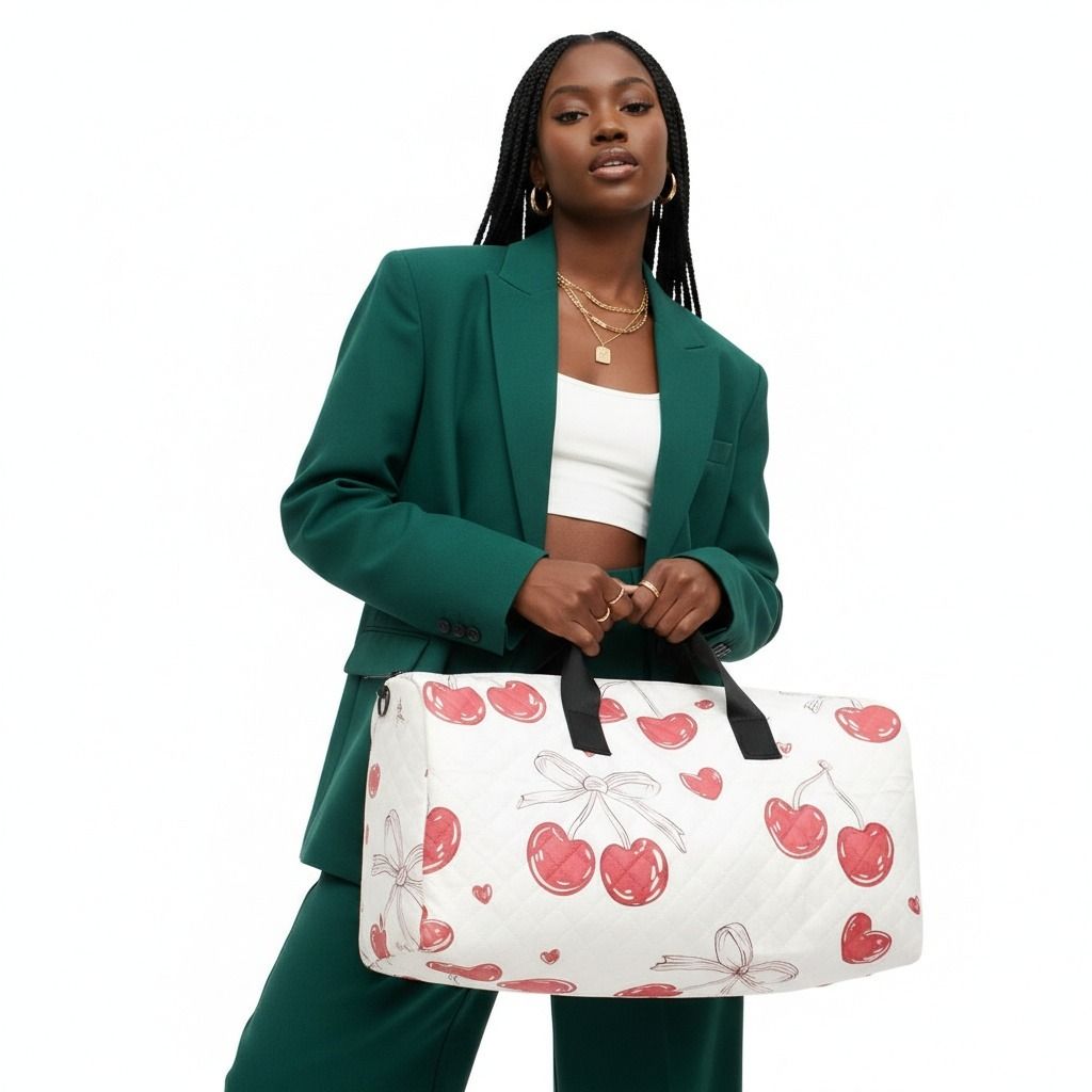 Travel Bag Cream Quilted Red Cherry Duffel