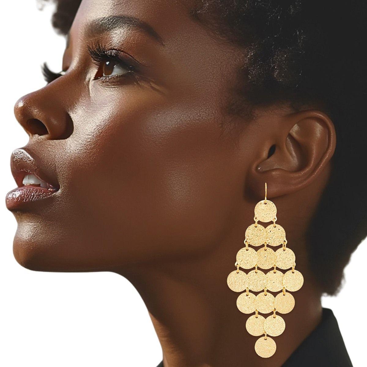 Fish Hook Brushed Gold Coin Dangle Earrings