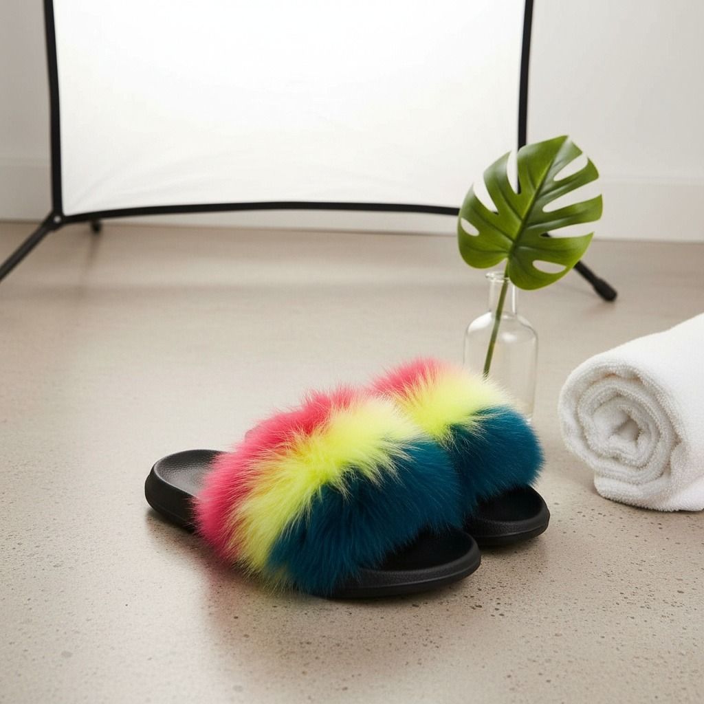 Coral to Green Fox Fur XLarge Slippers