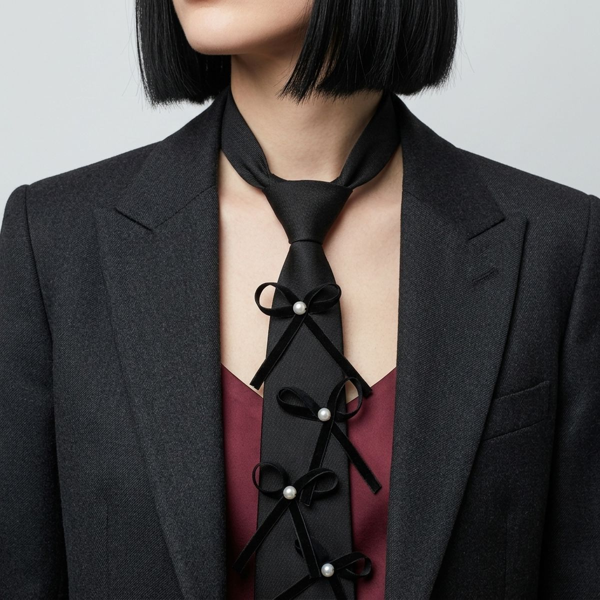 Black Pearl Ribbon Bow Necktie Necklace