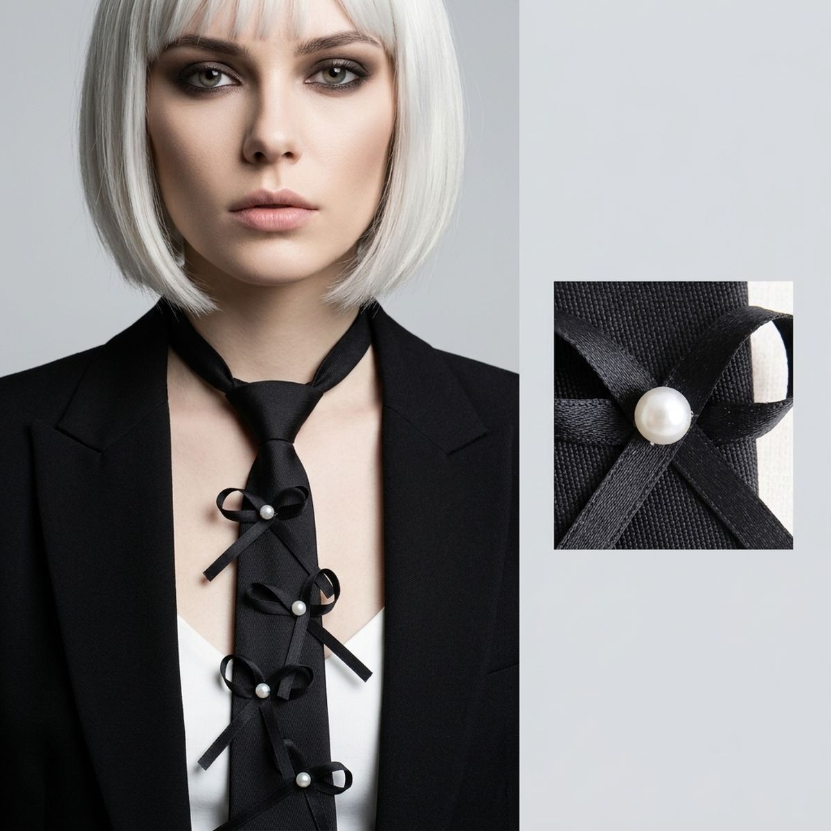 Black Pearl Ribbon Bow Necktie Necklace