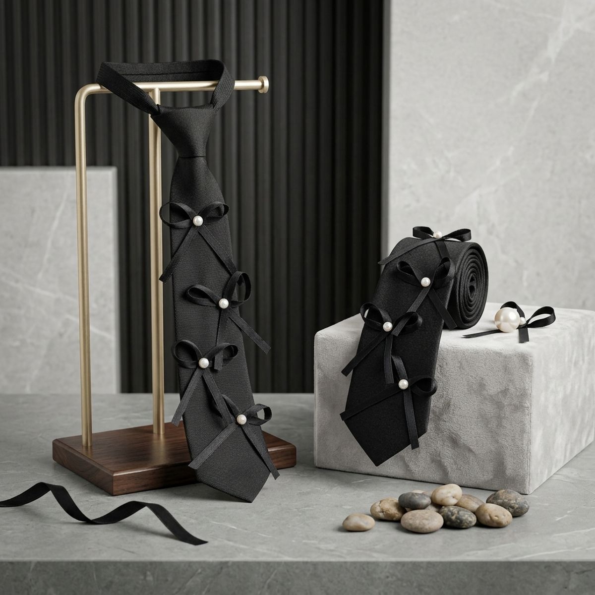 Black Pearl Ribbon Bow Necktie Necklace