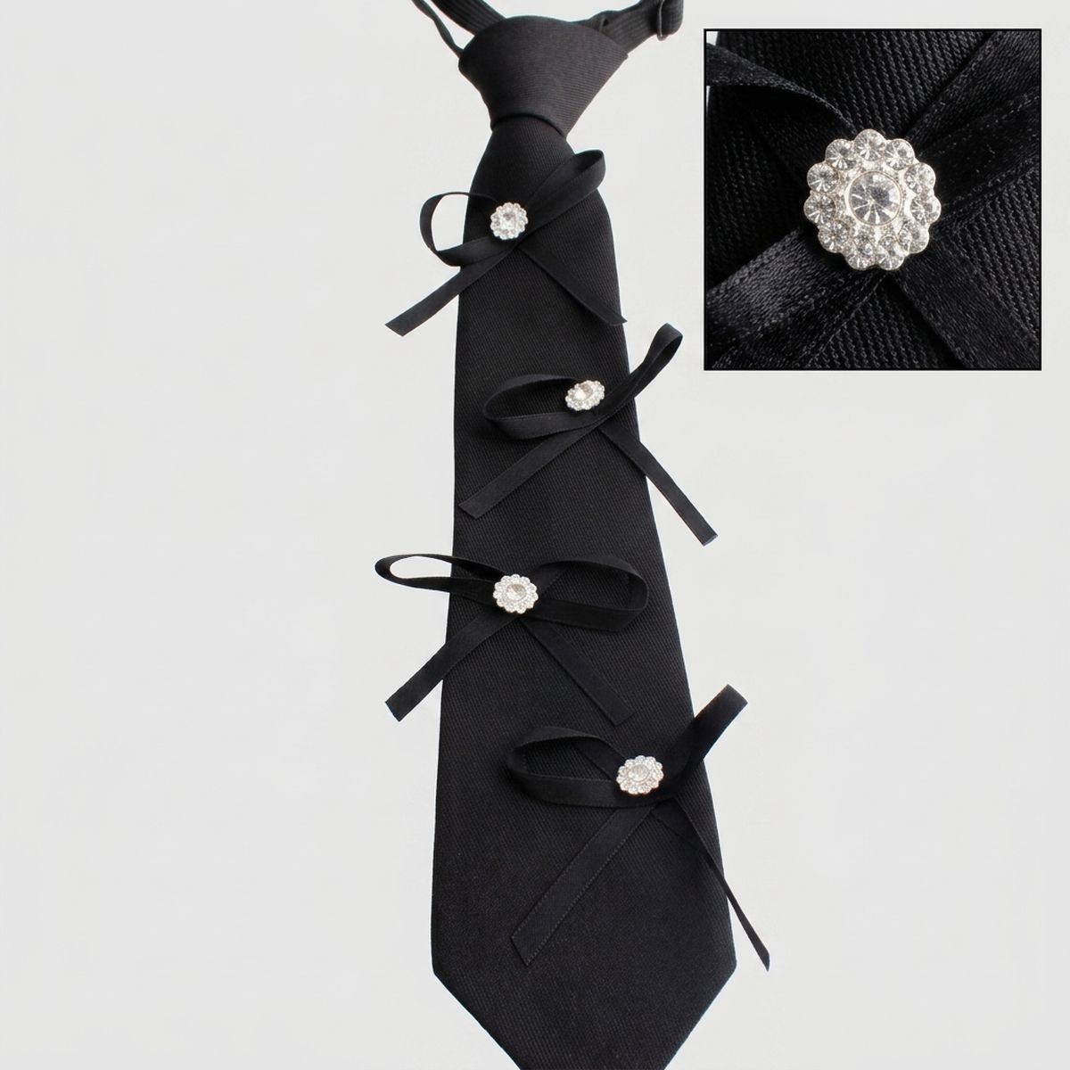 Black Rhinestone Ribbon Bow Necktie Necklace