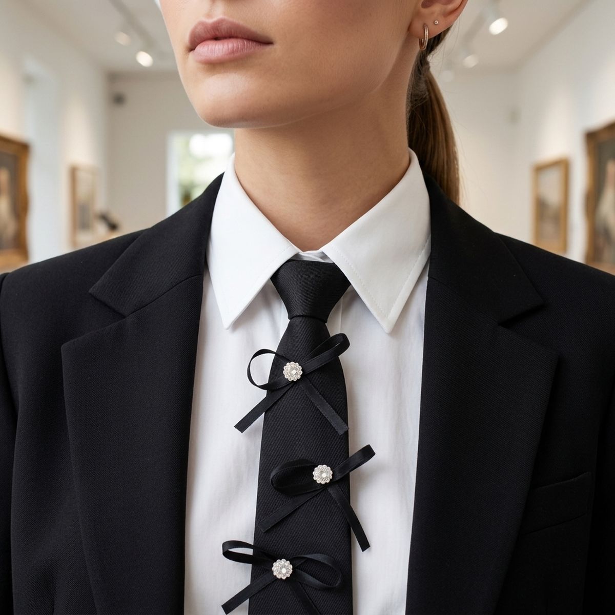 Black Rhinestone Ribbon Bow Necktie Necklace