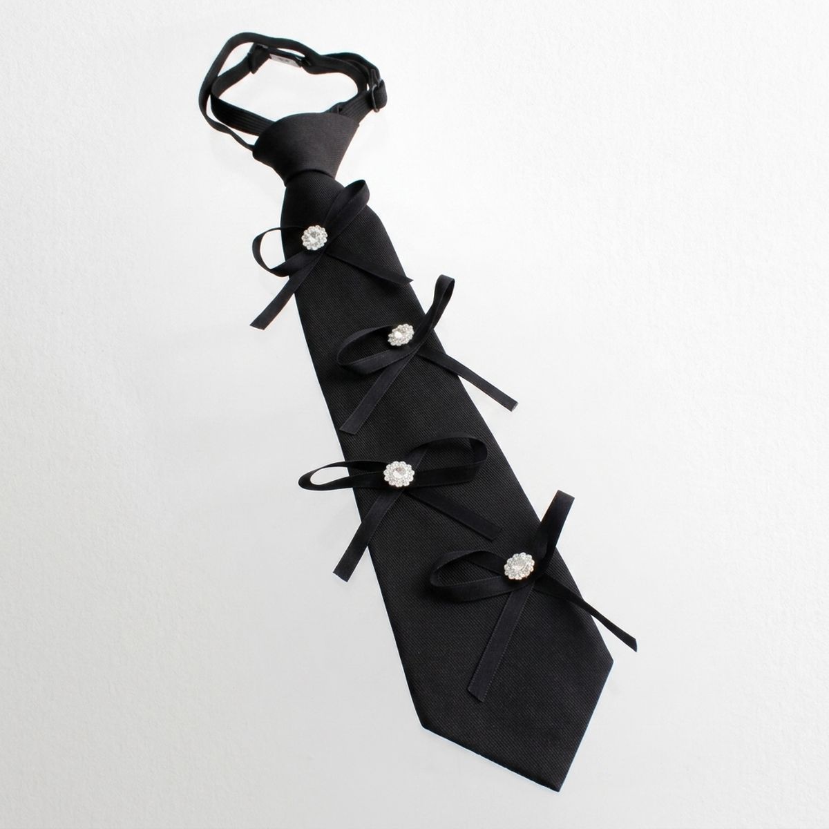 Black Rhinestone Ribbon Bow Necktie Necklace