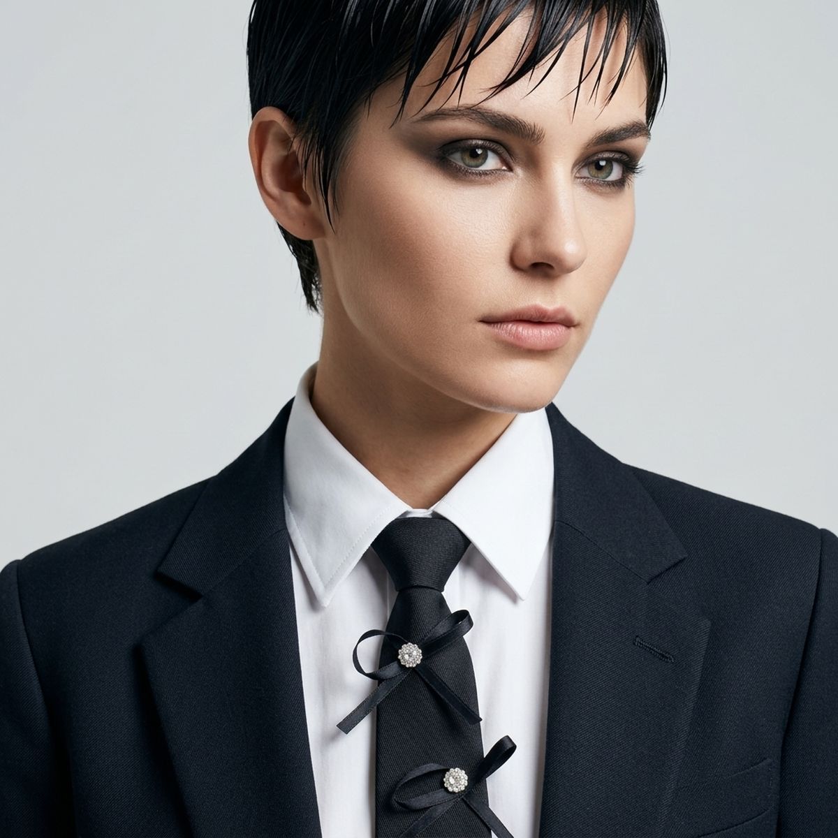 Black Rhinestone Ribbon Bow Necktie Necklace
