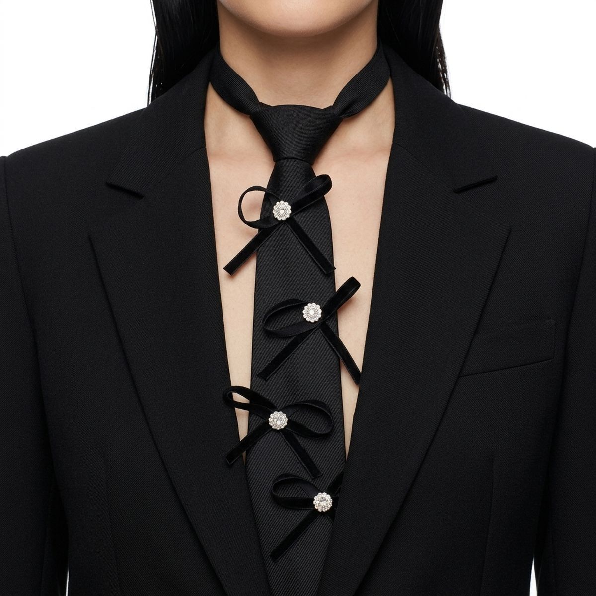 Black Rhinestone Ribbon Bow Necktie Necklace