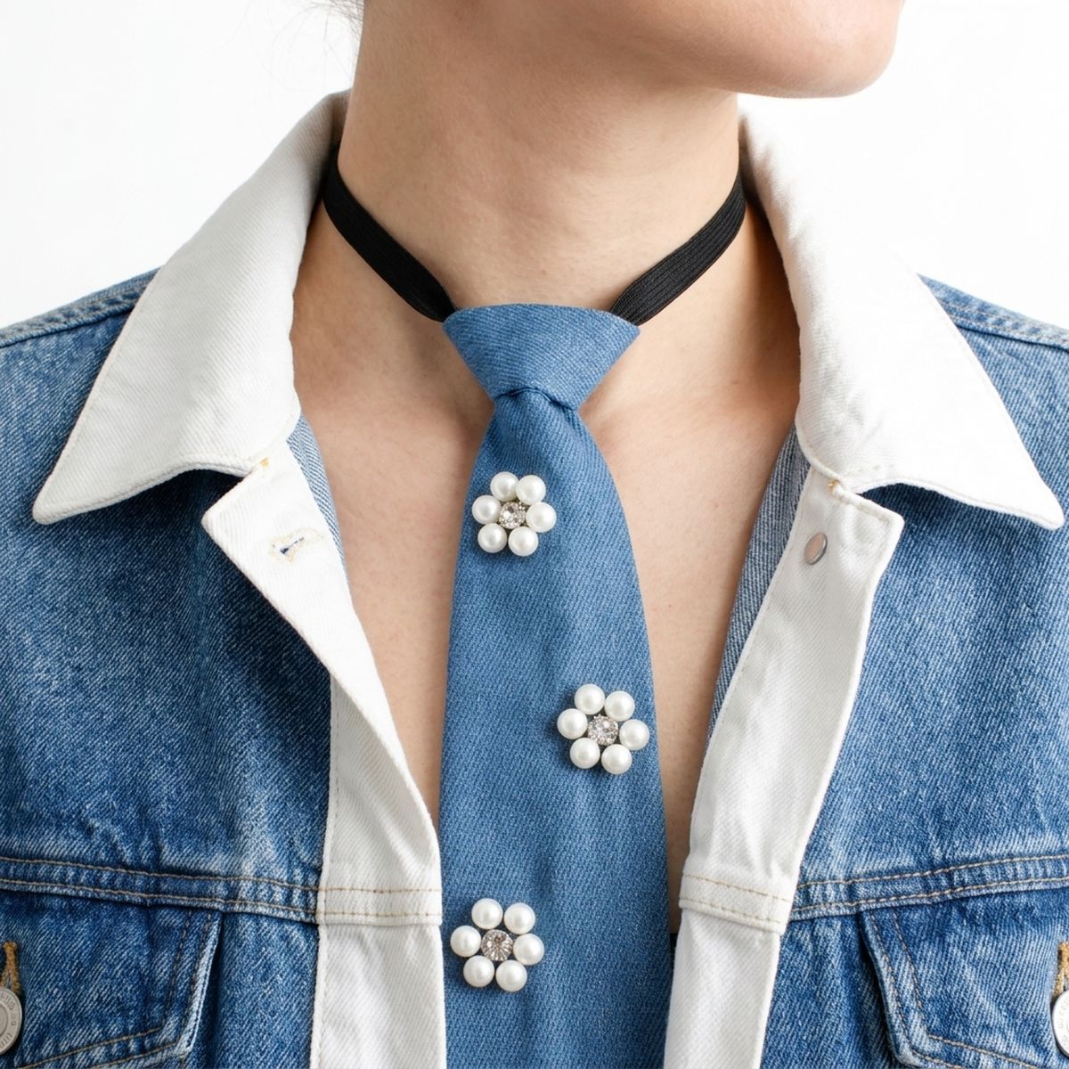 Blue Denim Cream Pearl Flower Necktie Necklace