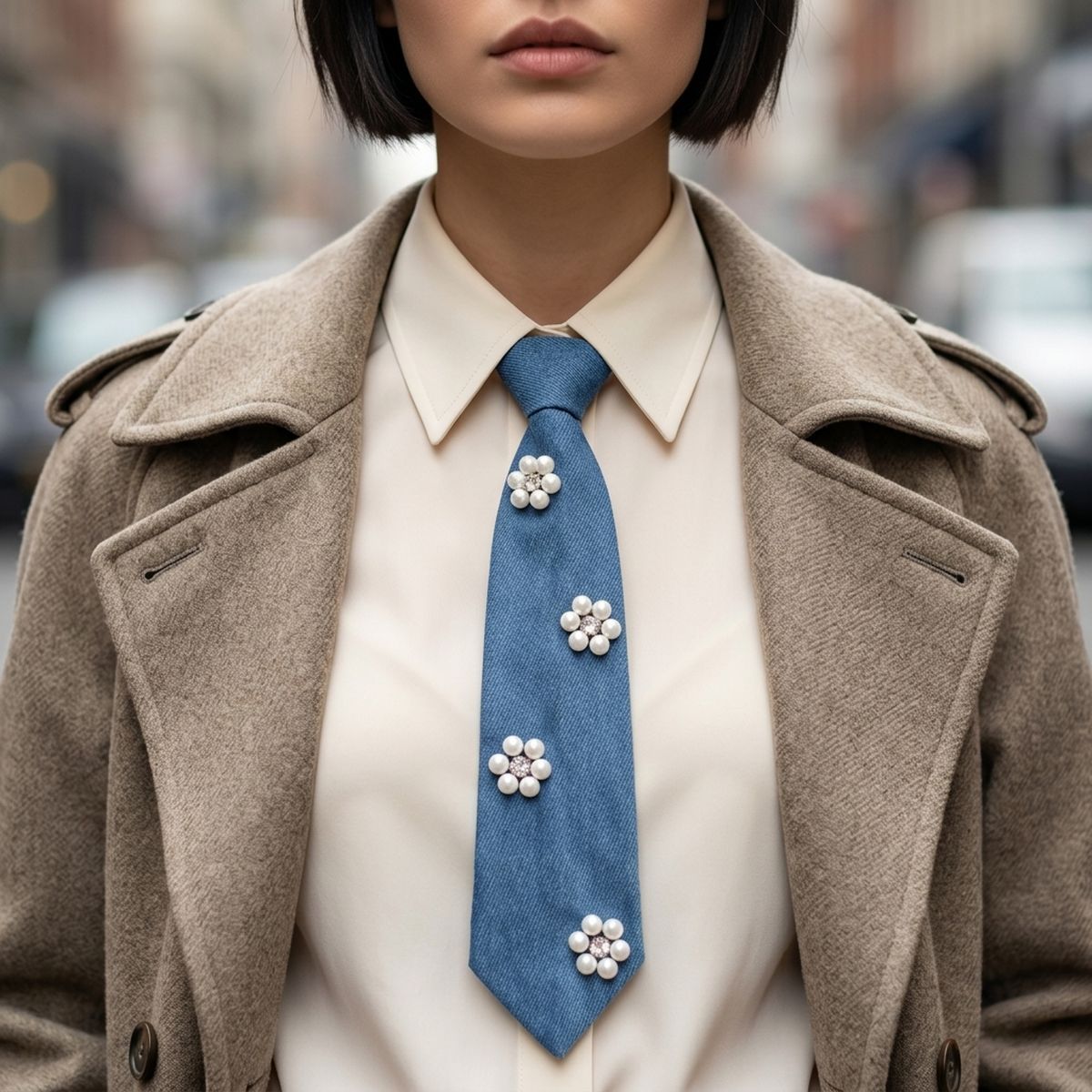 Blue Denim Cream Pearl Flower Necktie Necklace