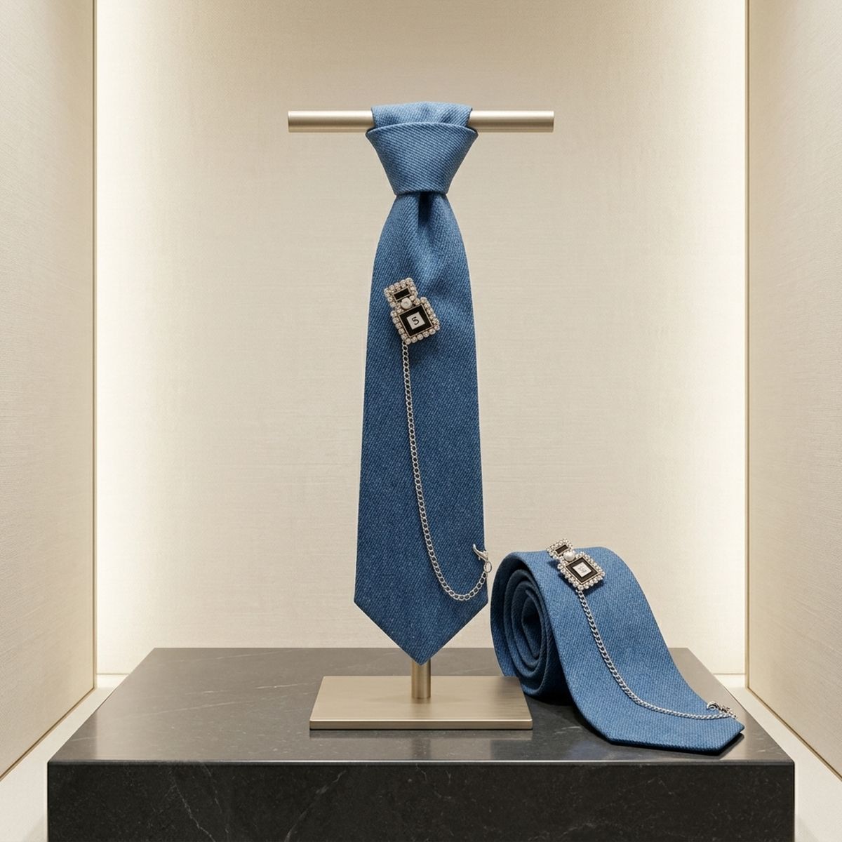 Blue Denim Perfume Chain Necktie Necklace