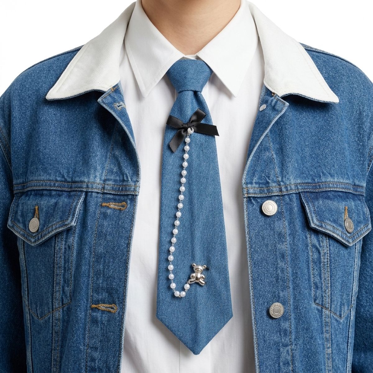 Blue Denim Pearl Teddy Bear Necktie Necklace