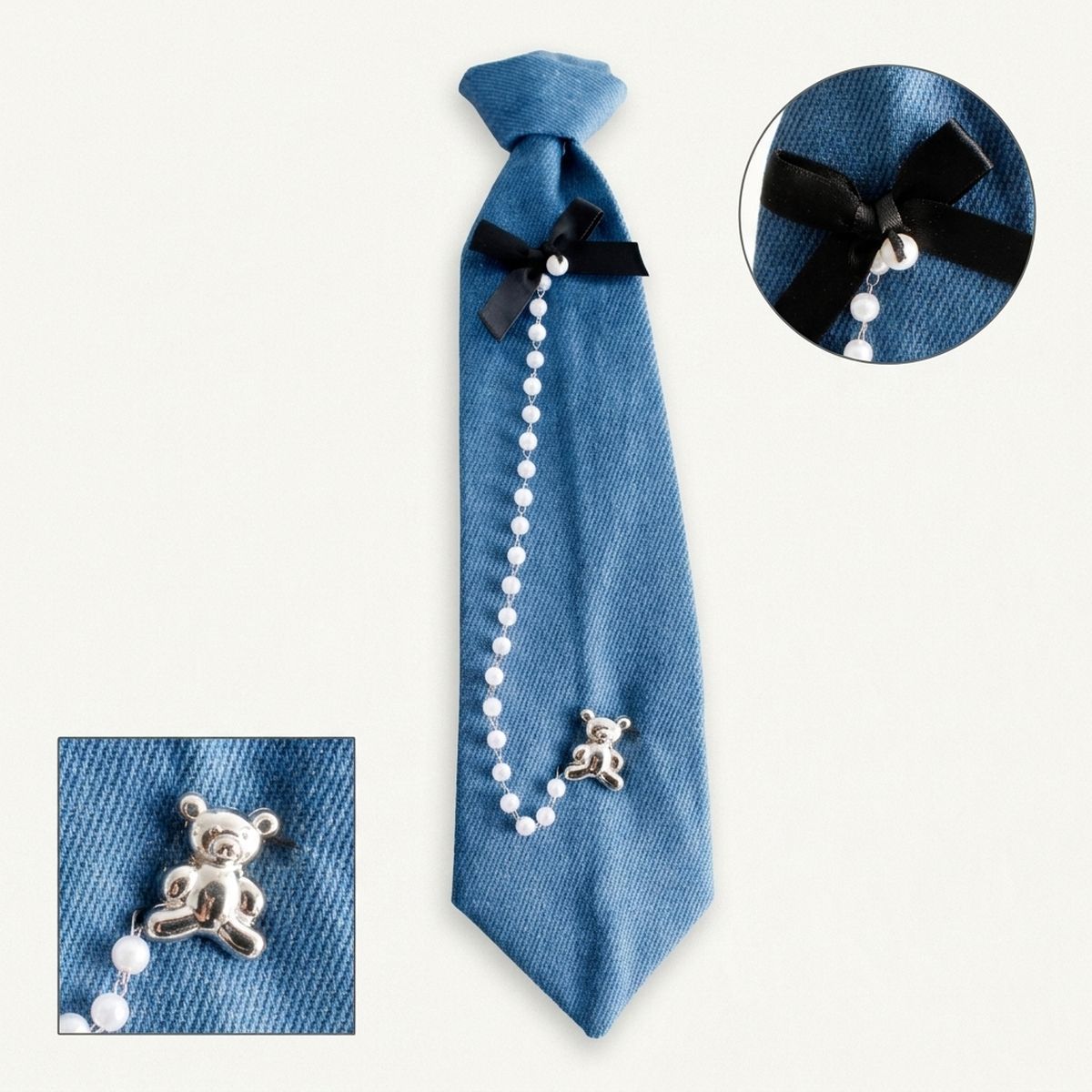 Blue Denim Pearl Teddy Bear Necktie Necklace