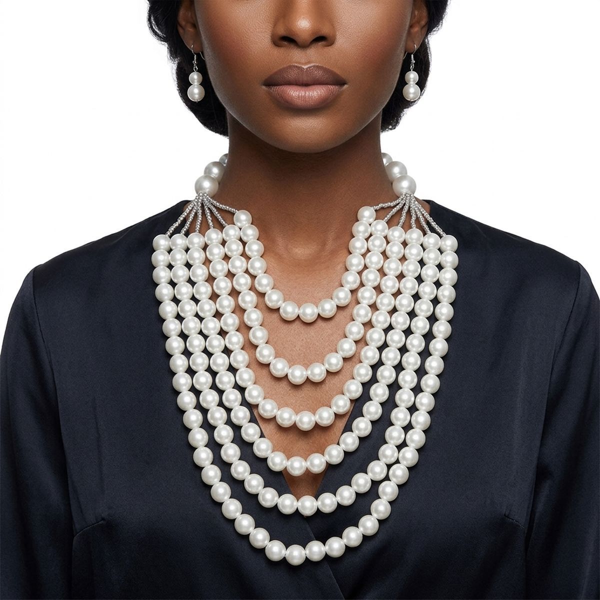 White Pearl Long Layer 6 Strand Chunky Necklace