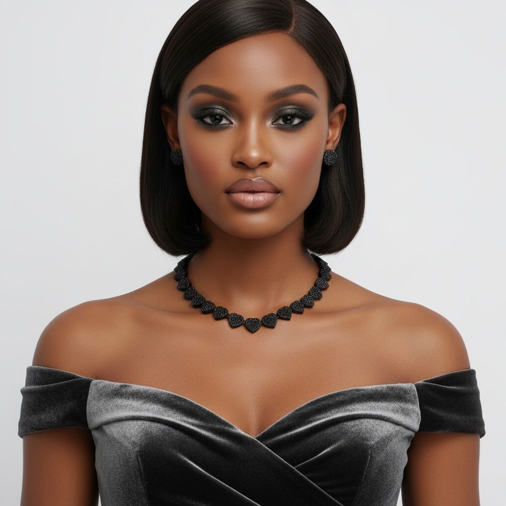 Chain Jet Black Pave Heart Link Necklace Set Women