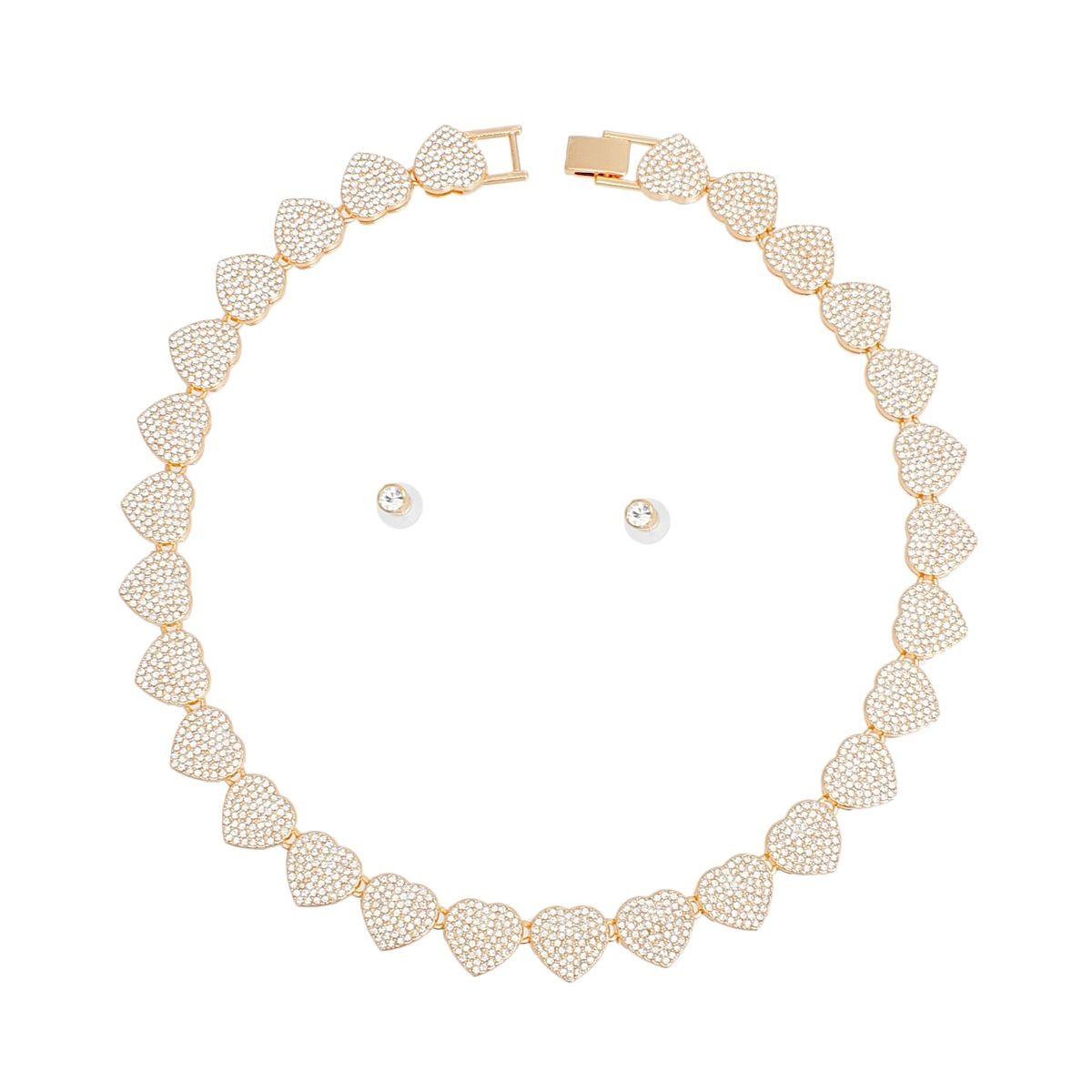 Chain Gold Pave Heart Link Necklace Set for Women