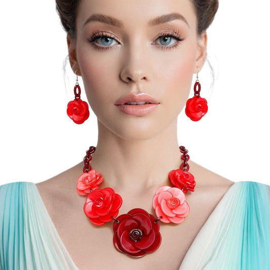 Collar Burgundy Chunky 3D Flower Link Necklace Set