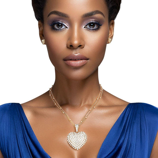 Pendant Gold 2 Layer Puffy Rhinestone Heart Set