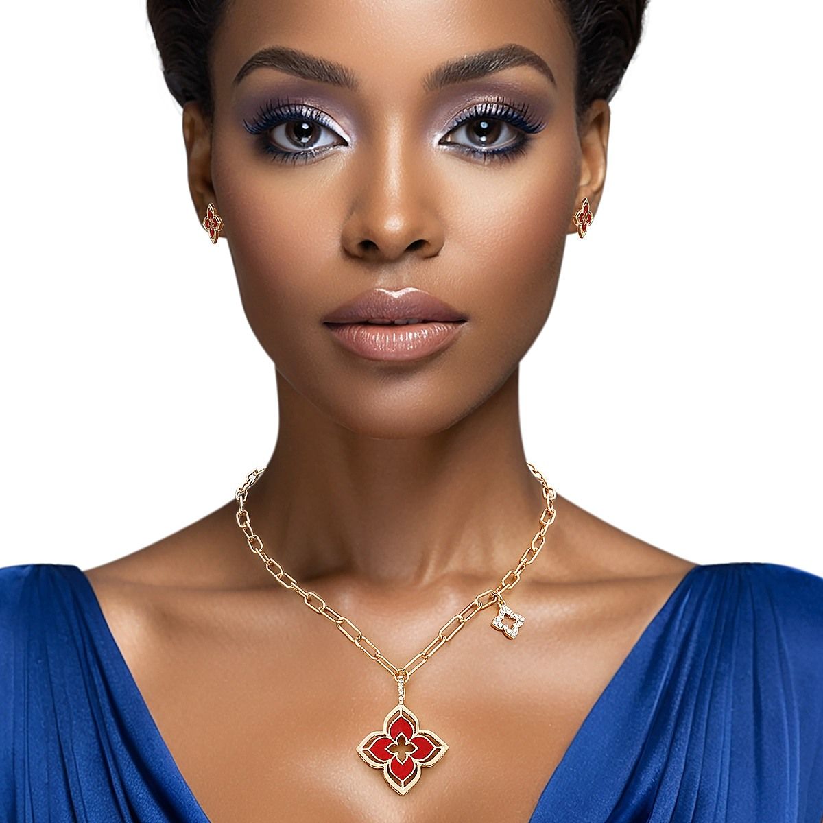 Pendant Gold Red Monogram Flower Necklace Set