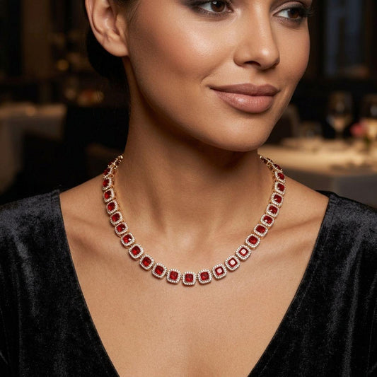 Tennis Red Cushion Cut Crystal Halo Luxe Necklace
