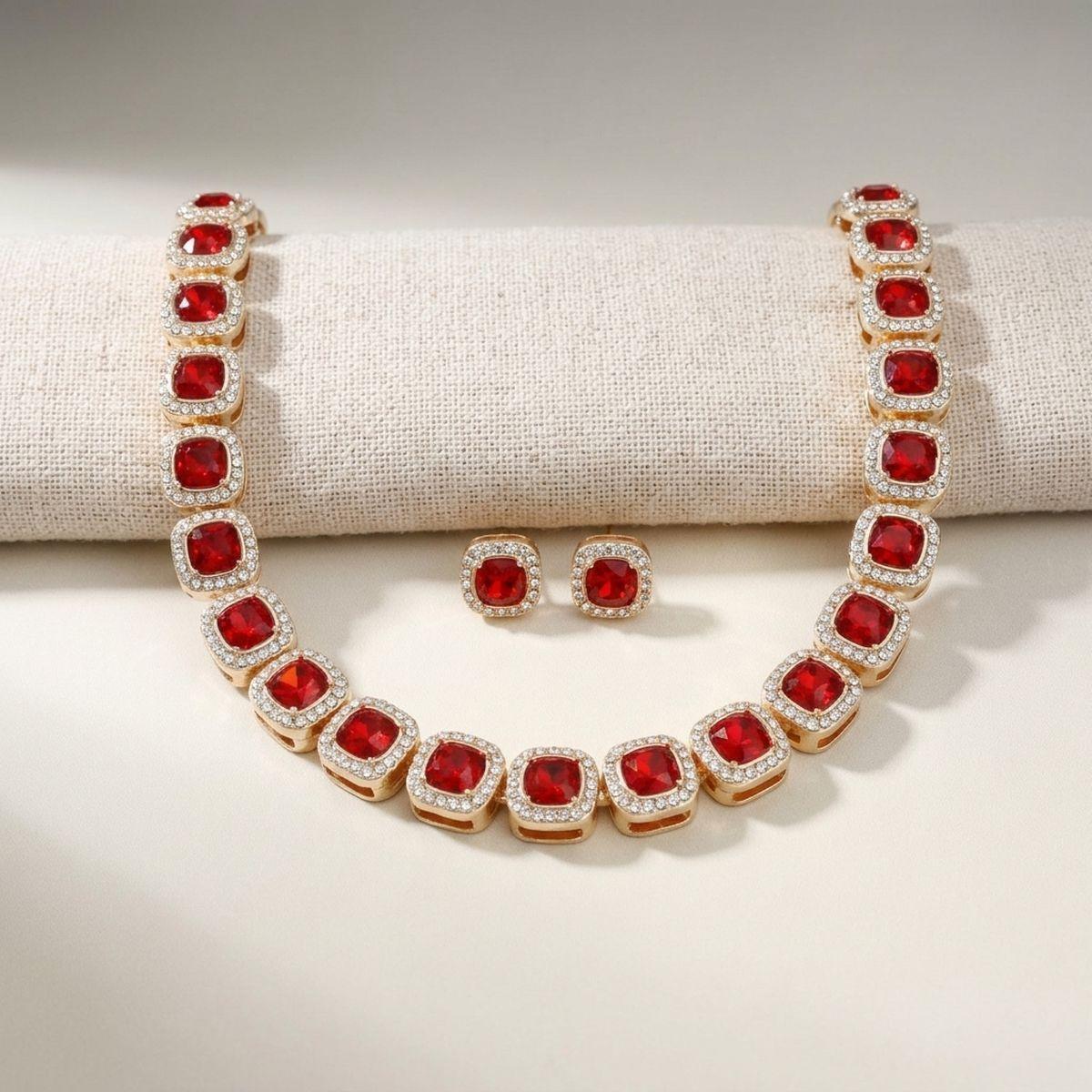 Tennis Red Cushion Cut Crystal Halo Luxe Necklace