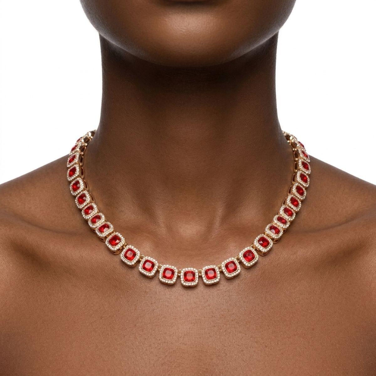 Tennis Red Cushion Cut Crystal Halo Luxe Necklace